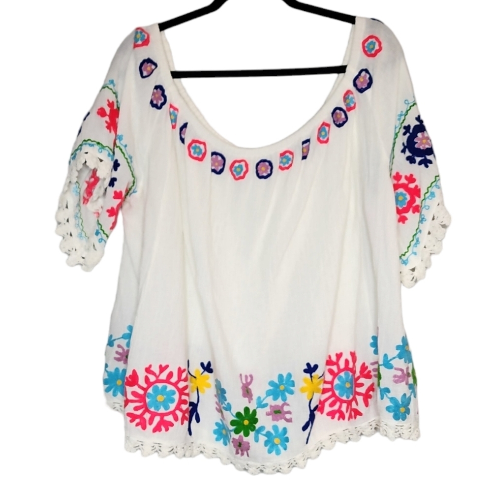 Blue Boheme One Size 100% Cotton Eloise Embroidered Tunic Top On/Off Shoulder